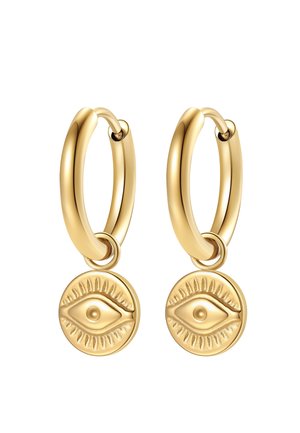 Gold hoop earrings with circular pendants featuring embossed eye designs with lashes around the edges.