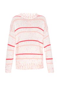 Maglione lavorato a maglia con scollo rotondo, caratterizzato da righe rosa e bianche, macchie testurizzate e orli e polsini a coste per un aspetto aderente.