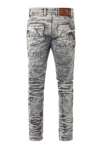 Schmal geschnittene Jeans in einem ausgewaschenen Grauton, ausgestattet mit fünf Taschen, kontrastierenden Nähten und einem Lederpatch am Bund.
