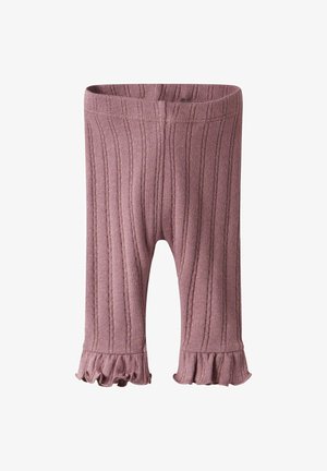 Rosa gerippte Leggings mit einem gerafften Saum und elastischem Bund, aus weichem Stoff gefertigt, mit vertikalen Linien und strukturierten Details.