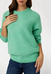 Maglione a maglia verde chiaro, con texture, scollo rotondo e polsini a costine. Il fondo presenta una fascia decorativa; le maniche sono leggermente oversize.
