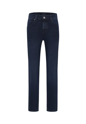Dark blue straight-leg jeans with front pockets, belt loops, and a button closure, displayed on a white background.