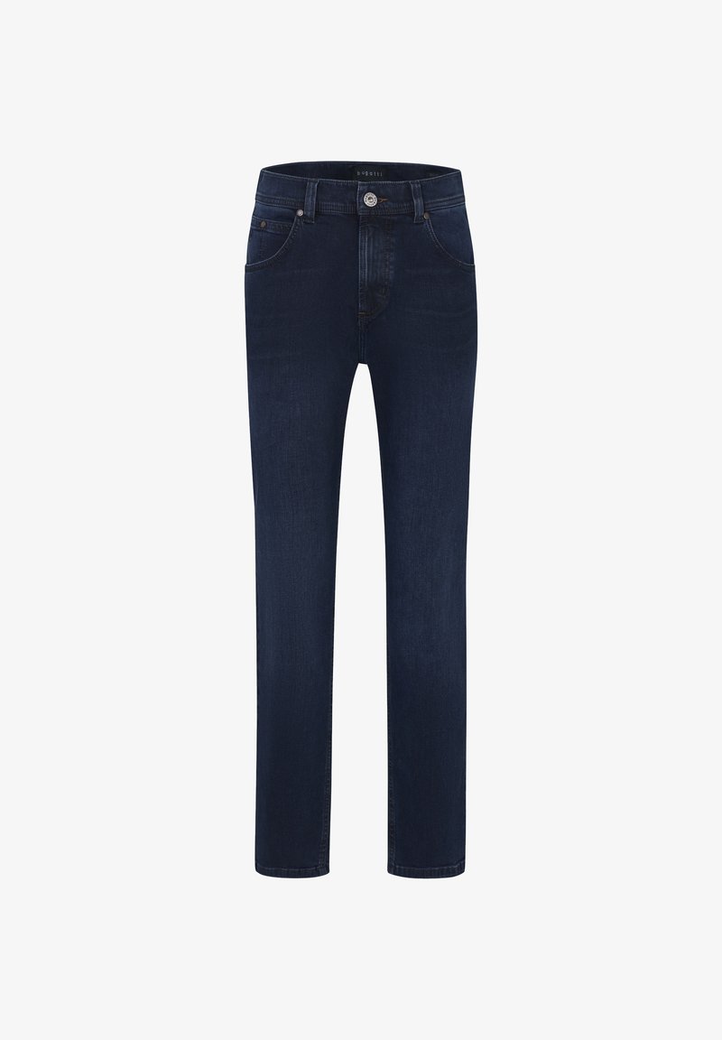 Dark blue straight-leg jeans with front pockets, belt loops, and a button closure, displayed on a white background.