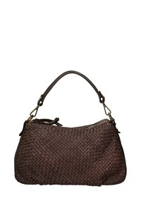 Bruine geweven leren handtas met een gebogen handvat, gemarmerde oppervlakte en bronzen hardware met een ritssluiting en decoratieve franjes.