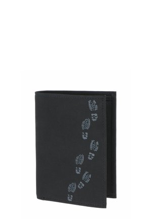 Black bi-fold wallet with a vertical trail of grey boot print designs on the front cover, standing upright on a white background.