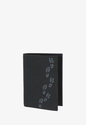 Black bi-fold wallet with a vertical trail of grey boot print designs on the front cover, standing upright on a white background.