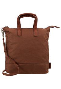 Sac à main rectangulaire en tissu marron avec poignées en cuir, bandoulière amovible et fermeture éclair sur le dessus.