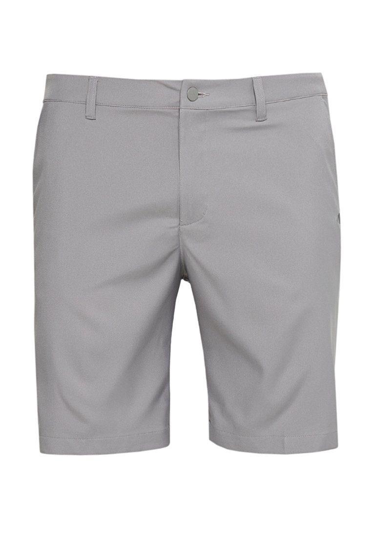 Pantalones cortos grises de tejido ligero, con un frente plano, bolsillos laterales y cierre de botón. Diseño sencillo sin patrones.
