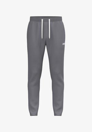 Graue legere Jogginghose mit weißen Kordeln, elastischem Bund und kleinem weißem Logo am oberen Oberschenkel.