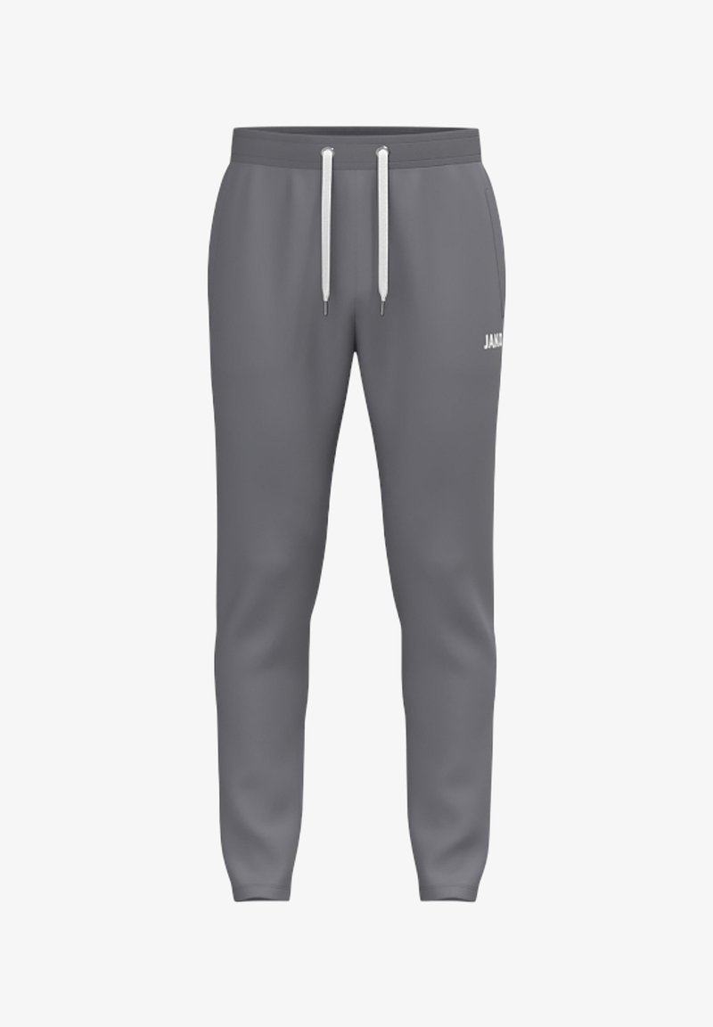 Pantalon de jogging gris décontracté avec cordons blancs, taille élastique et petit logo blanc sur la partie supérieure de la cuisse.