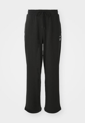 Sorte joggebukser laget av mykt stoff med elastisk midje og snøring. Har sidelommer og en løs passform med rett ben-design.