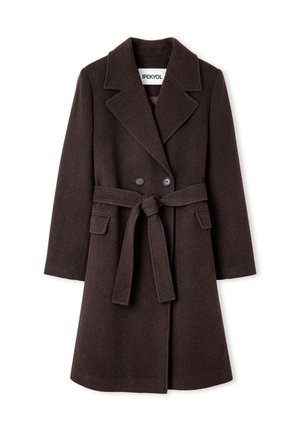 Dunkelbrauner Wollmantel mit doppelter Knopfleiste, großen Revers, zwei Fronttaschen, einem Gürtel und Knopfverschlüssen.