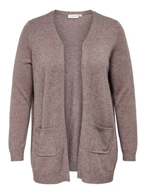 Cardigan lavorato a maglia marrone con scollo a V, apertura frontale, due tasche anteriori e polsini a costine. Texture morbida, vestibilità rilassata e design di lunghezza media.