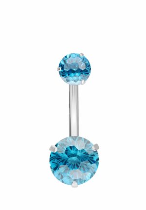 Silver curved barbell with two round blue gemstones, one smaller at the top and one larger at the bottom, against a white background.