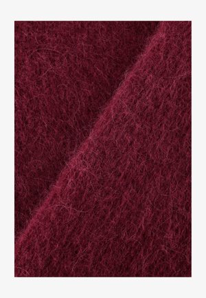 Bordeaux wollen stof met een zachte, fluffy textuur; heeft een losse weving met zichtbare vezels die diepte en warmte creëren.