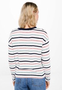 Gestreepte trui met lange mouwen, vervaardigd uit zacht materiaal in de kleuren roze, groen en marineblauw, met een geribbelde halslijn en zoom.