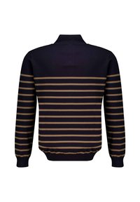 Pull en tricot navy avec des rayures horizontales beige, manches et col côtelés. Le design présente une section supérieure unie et un motif en dessous.