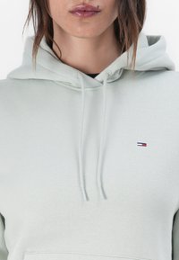 Hellgrüner Hoodie mit einer Kordelzugkapuze, ausgestattet mit einem kleinen gestickten Logo in Rot, Weiß und Blau auf der Brust. Weiches Stoffgefühl.