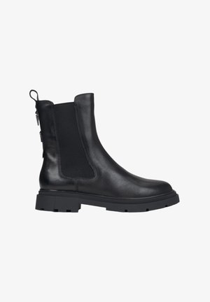 Schwarz Leder Knöchelboot mit elastischen Seiten, strukturierter Oberfläche, robuster schwarzer Sohle und einer Schlaufe am Hinterteil für ein einfaches Anziehen.