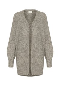 Graue gestrickte Strickjacke mit lockerem Sitz, offenem Vorderteil, langen Ärmeln und gerippten Bündchen. Weiche Textur mit dezent meliertem Muster durchgehend.