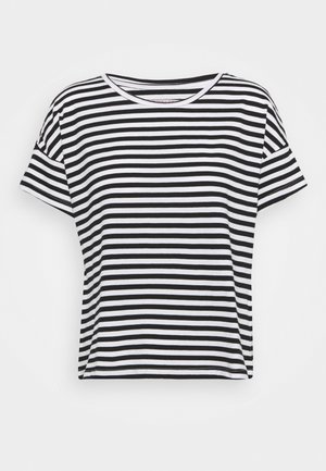 Sort og hvid stribet kortærmet t-shirt med rund hals og afslappet pasform, lavet af blødt bomuldsstof.