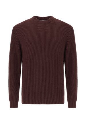 Brūns ribots adīts džemperis ar apaļu kakla izgriezumu un garām piedurknēm. Izceltas teksturētas auduma īpašības un brīvi pieguļoša dizaina veids.