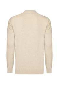Suéter de punto beige con cuello redondo, mangas largas, puños y dobladillo acanalados. Tejido texturizado con una apariencia suave. Sin detalles visibles en la parte delantera.