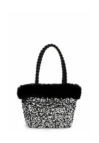 Borsa nera con manici intrecciati, ricoperta di paillettes argentate. Bordo in pelliccia nella parte superiore che aggiunge texture; forma strutturata e dimensioni medie.