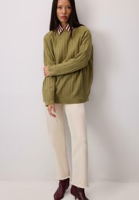 Oliivroheline ribikardigan pikemate varrukatega, mille all on punase ja valge triibuline kraega särk, koos off-white fraktsiooni servaga pükste ja burgundi värvi põlvikutega.