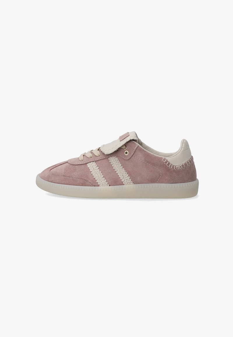 Pink suede sneaker with cream accents, featuring three textured stripes, a lace-up front, and a rounded toe design. Rubber sole.