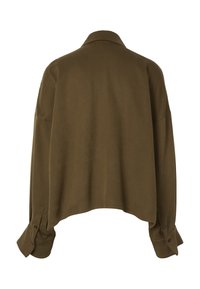 Chemise marron à manches longues avec larges poignets et boutons, vue de dos, avec une coupe ample et un col droit.