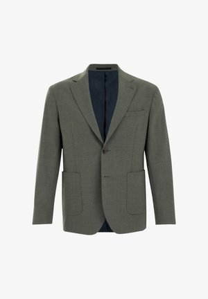 Vyriškas bleizeris alyvuogių spalvos, tekstūruotas audinys; turi išpjautus atlapus, dvi priekinės kišenes ir vieno mygtuko užsegimą; pamušalas jūros mėlynos spalvos.