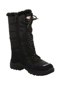 Černá zimní bota s polstrovaným designem, límcem z umělé kožešiny, bočním zipem a texturovanou gumovou podešví s kontrastním stehováním.
