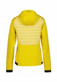 Yellow jacket with a hood, featuring a padded back and sleek design. Made from flexible material, with black accents on cuffs and hem.
