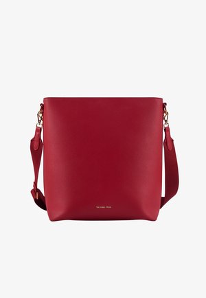 Red rectangular leather shoulder bag with adjustable strap and gold hardware, featuring small gold Victoria Hyde logo at bottom center.
