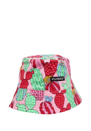 Pink bucket hat featuring a cactus pattern in red, green, and blue, with a textured fabric and a small black logo label on the side.