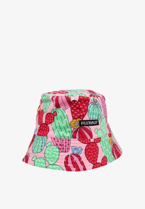 Cappello a secchiello rosa con un motivo di cactus in rosso, verde e blu, tessuto testurizzato e un piccolo etichetta nera del logo sul lato.