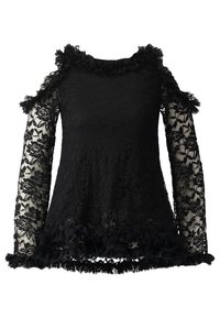 Svart spetsblus med långa genomskinliga ärmar, volangkrage och nederkant. Har blomstertryck genom hela tyget.