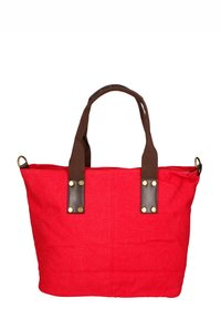 Borsa a tote in tela rossa con manici in tessuto marrone e dettagli in ottone. Presenta una forma strutturata e cuciture decorative sul davanti.