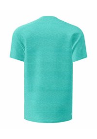 Camisa de manga corta en un vibrante color turquesa, con un patrón texturizado de pequeñas líneas verticales. Diseño de cuello redondo y dobladillo recto.