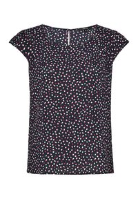 Top a maniche corte in tessuto blu scuro con un motivo a pois rosa e bianchi. Presenta un collo rotondo e una leggera chiusura sul retro.