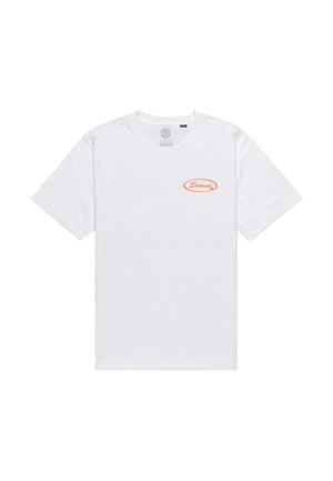 White short-sleeve t-shirt made of cotton with a round neckline. Features an orange oval logo on the left chest area. Simple design.