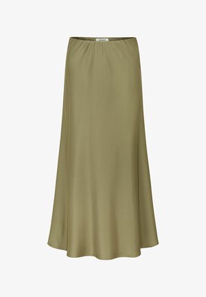 Olijfgroene, enkelhoge rok met een elastische tailleband, gladde satijnachtige textuur en lichte uitlopende zoom.