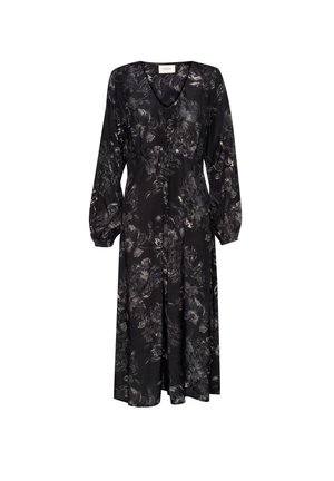 Long black dress with floral pattern in grey and cream. Features a V-neckline and balloon sleeves, made from lightweight fabric.