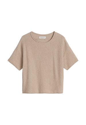Beige short-sleeve knit sweater with a round neck and a slightly boxy fit, made from textured fabric.