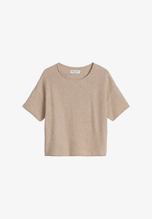 Beige short-sleeve knit sweater with a round neck and a slightly boxy fit, made from textured fabric.