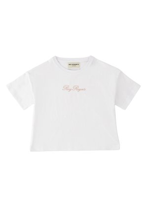 T-shirt corta bianca a maniche corte con scritta "Roy Roger's" ricamata in beige al centro davanti.