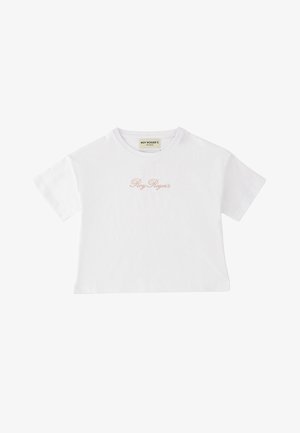 T-shirt corta bianca a maniche corte con scritta "Roy Roger's" ricamata in beige al centro davanti.