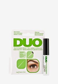 Il packaging della colla Duo Brush On Striplash presenta uno sfondo bianco con dettagli verdi; include uno strumento applicatore e un'immagine di occhio. Dimensione 5g.