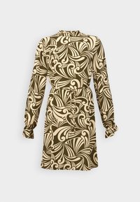 Rochie cu mâneci lungi, talie ajustată, fundal verde măsliniu, model floral crem în spirală și gathered la manșete.